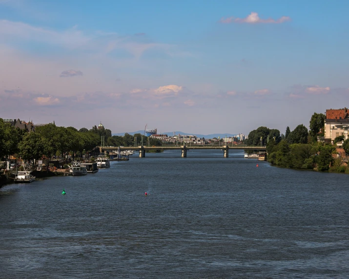 a river with some boats on it and a bridge