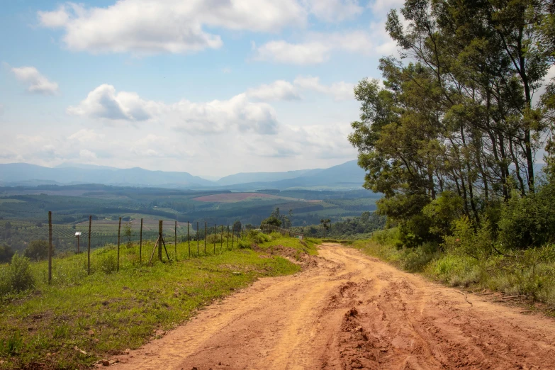 a dirt road on a lush green hillside