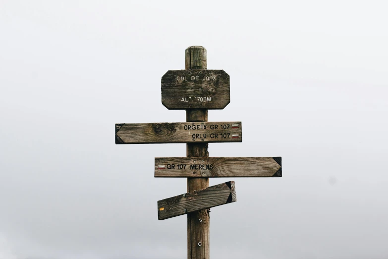 a wooden sign giving directions on a gray day