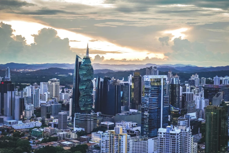 an aerial view of tall buildings in the city