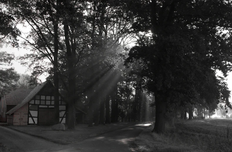 black and white pograph of a small red house