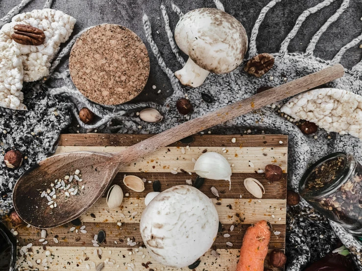 an overhead view of various spices and food