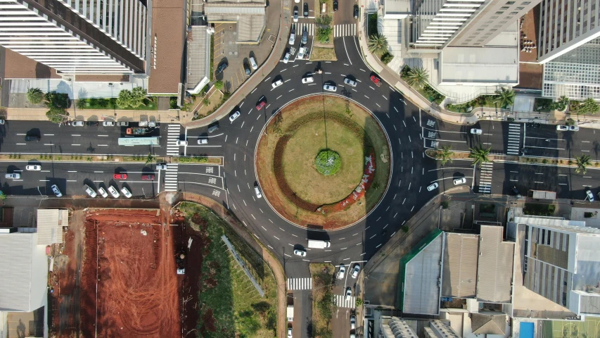 an aerial view of a city street intersection