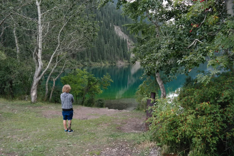 a person standing on the side of a road near trees