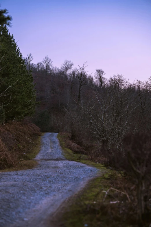 the street has a gravel path that leads to an empty road