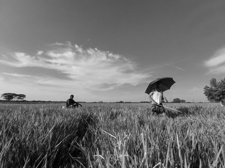 two people walking through the middle of the grass