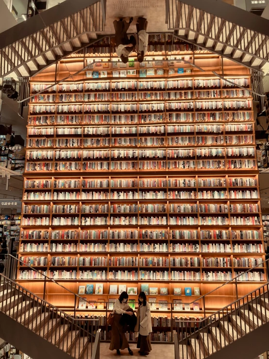 an enormous, long book - filled stairway has many shelves full of books