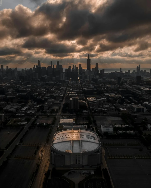 an overhead view of the city's downtown skyline at dusk