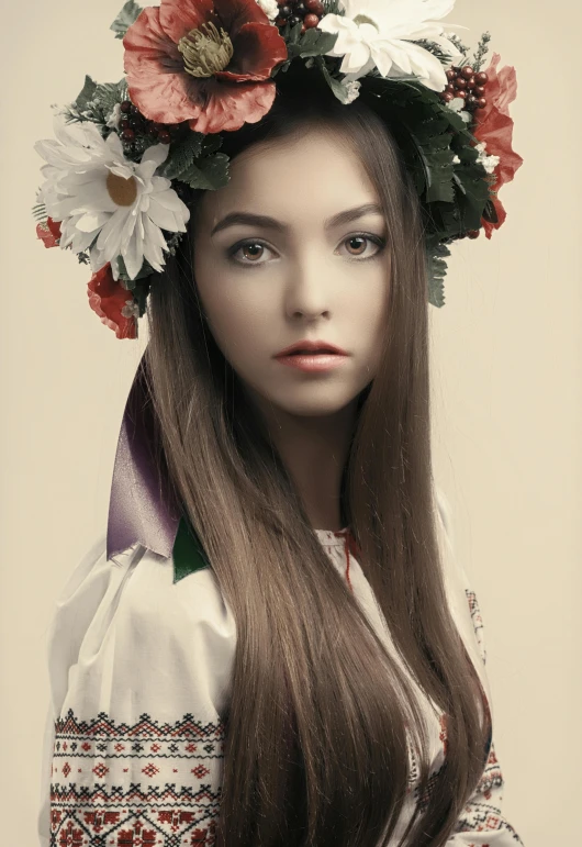 a woman with long brown hair wearing a floral wreath