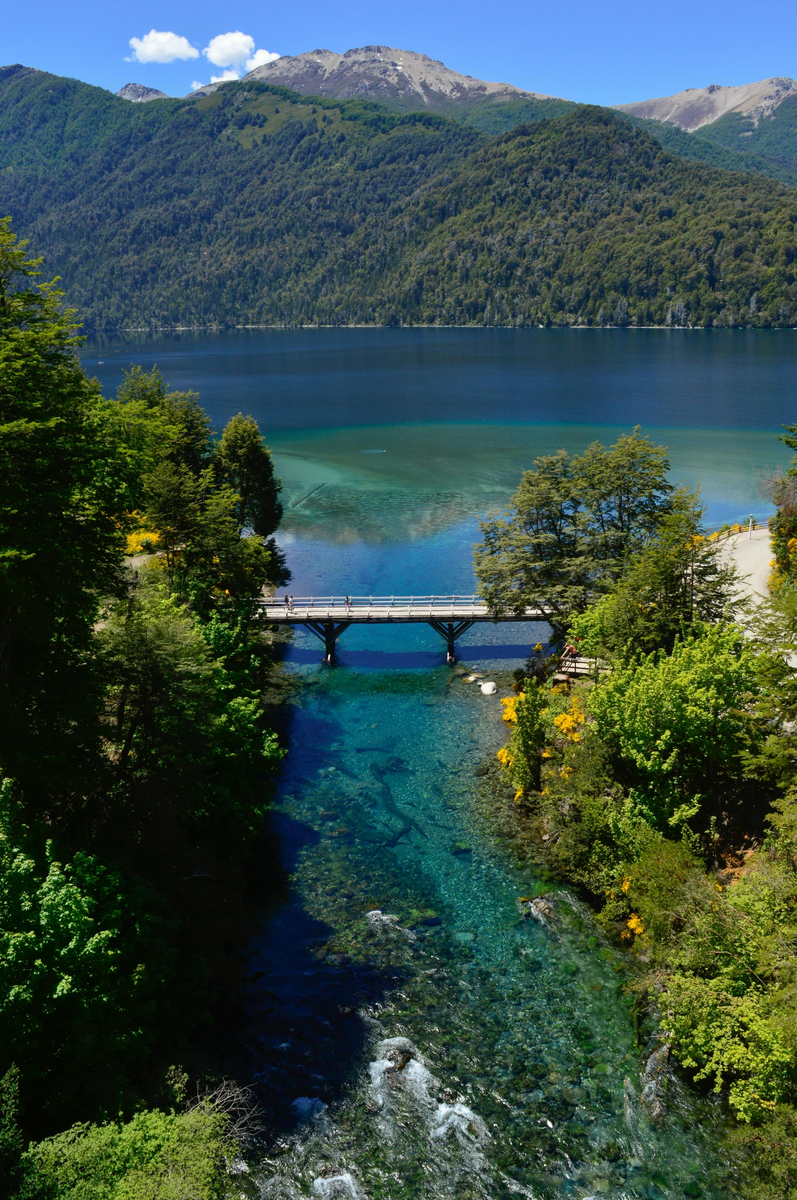 a bridge over some water and mountains near trees