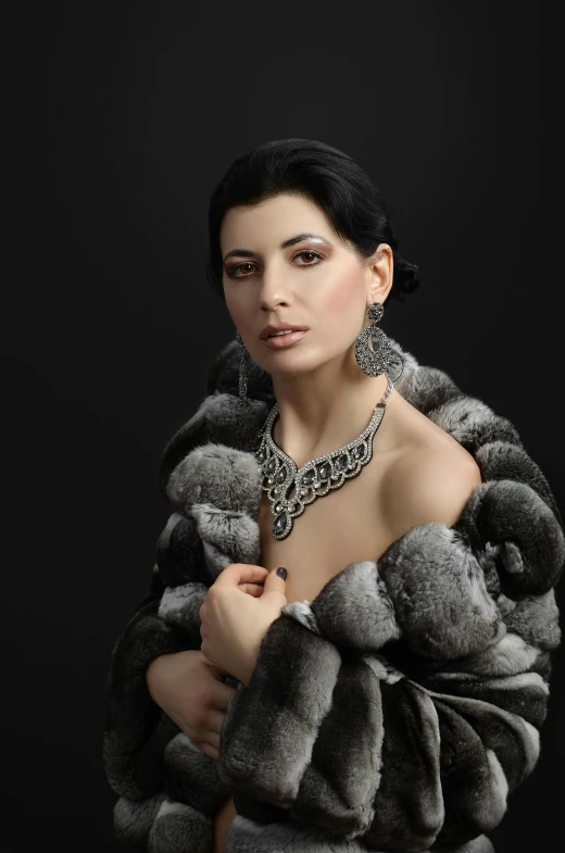 a woman wearing fur coat, posing for a picture