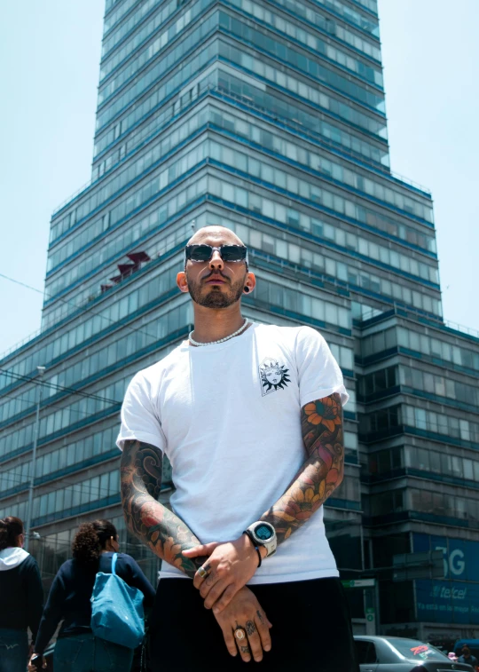 a man is standing in front of a tall building