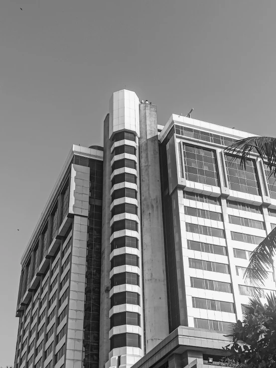 the side of two tall buildings with many windows