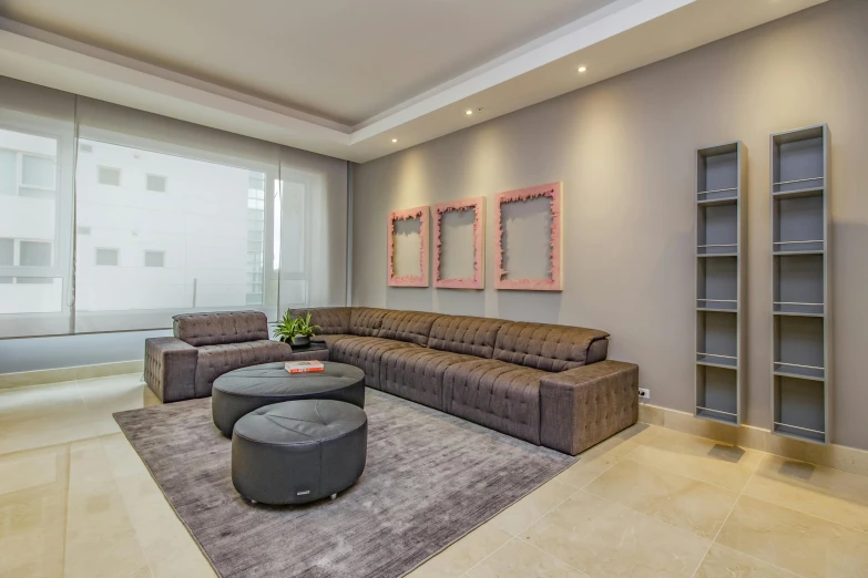 large modern living area with brown sofa and glass shelves