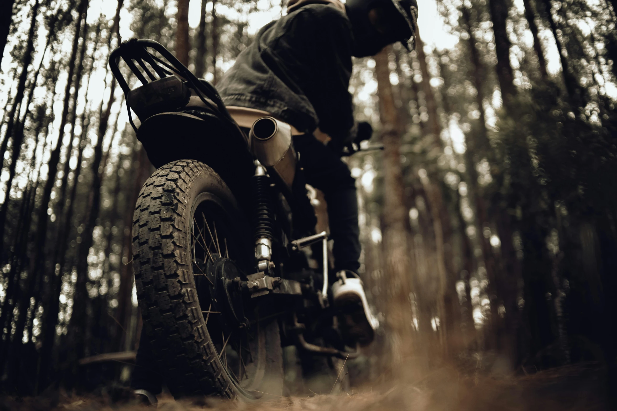 a person rides a motorcycle through the woods