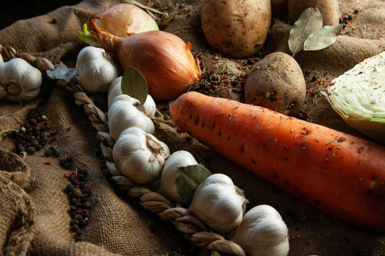 several vegetables in a pattern on a cloth