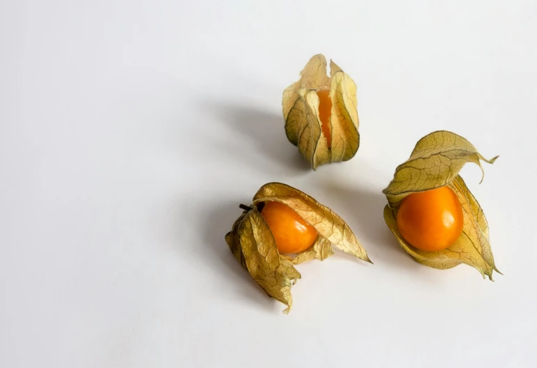 three apricots sit next to each other on a white surface