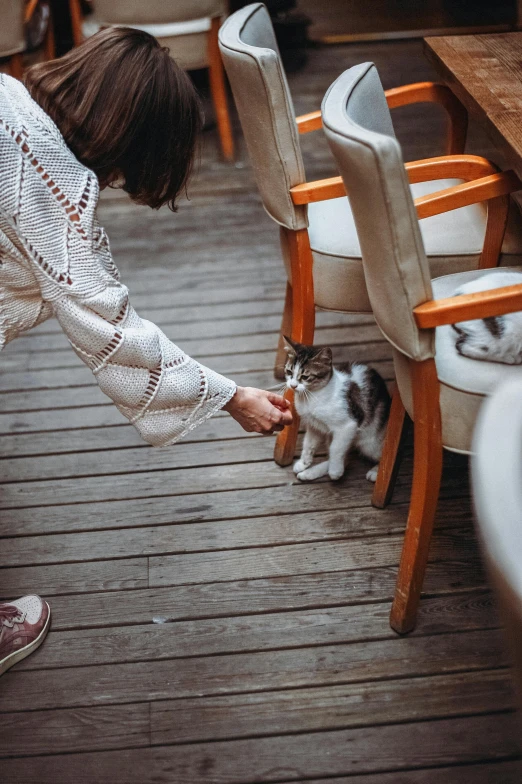 a woman is holding a kitten at the outside dining table