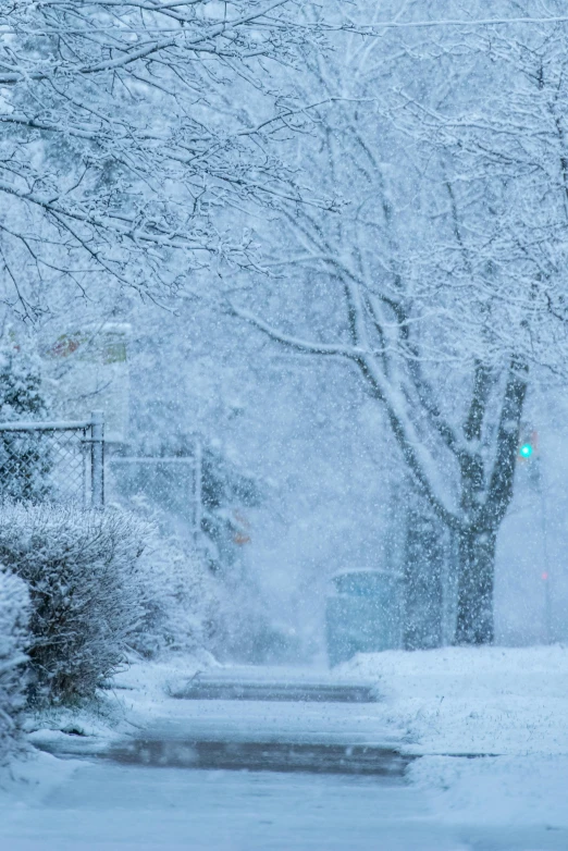 a street is covered in thick snow near a stoplight