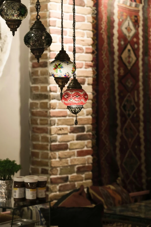 a large oriental style lamp in the corner of a room