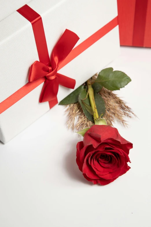 a red rose and an opened white box