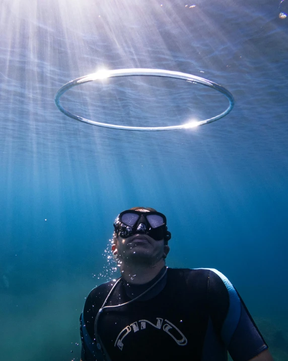 a man with a hat and sunglasses standing under water