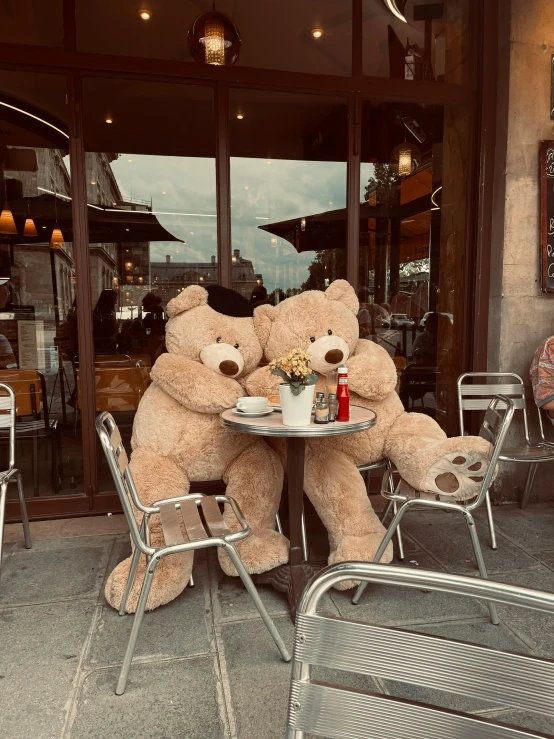 two teddy bears sitting at table outdoors with food