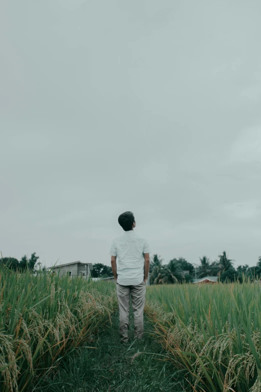 a man standing in the middle of a field