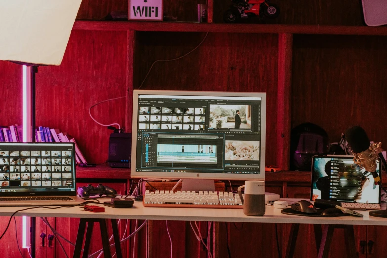 two computer monitors on a table and a lamp