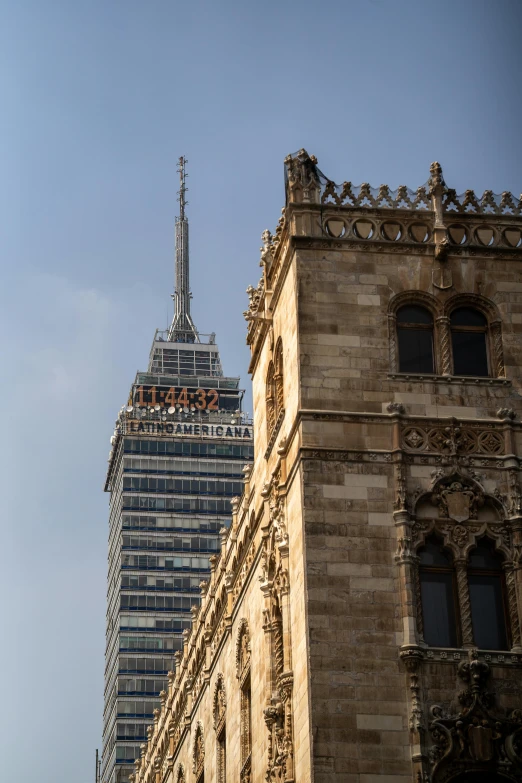 an upward s of the top of a tall building