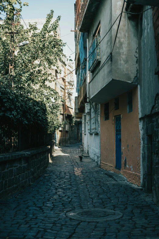 a cobblestone road in the city between some buildings