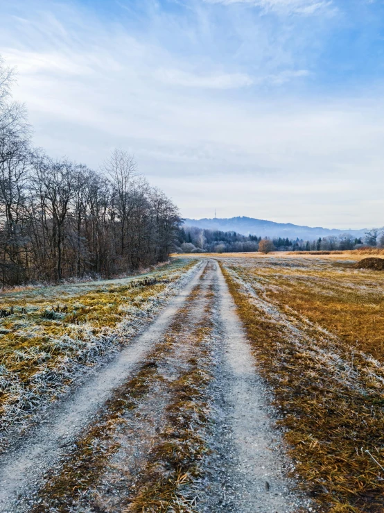 a dirt road in the middle of a large field