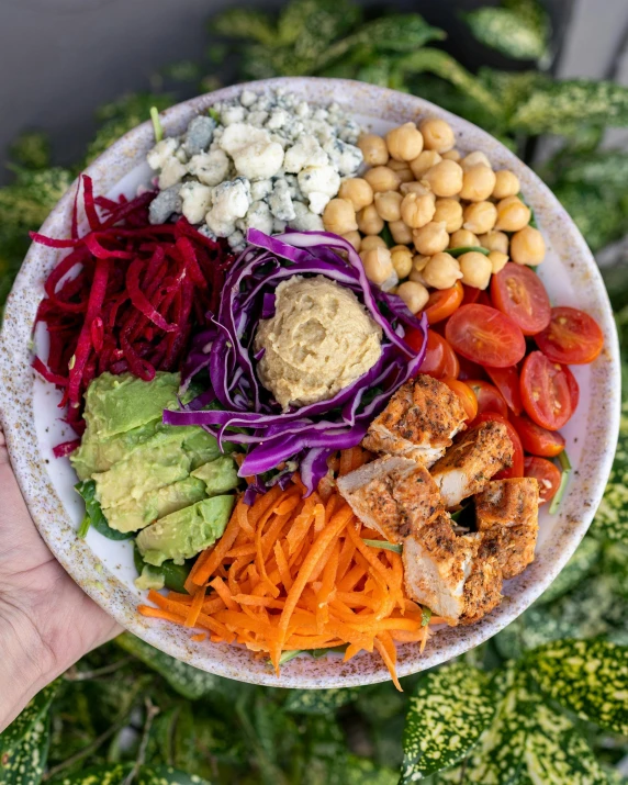 someone holding a bowl full of food with meat and vegetables