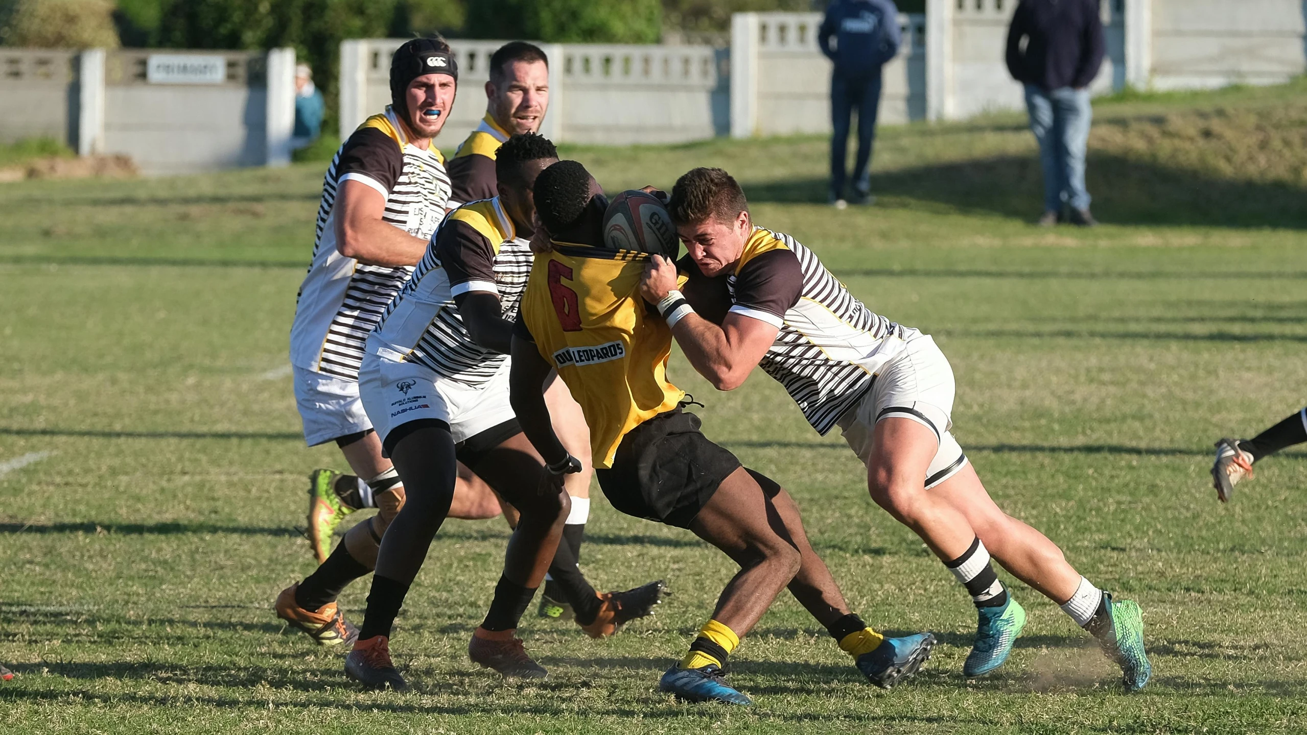 a rugby game in progress with the players on the field