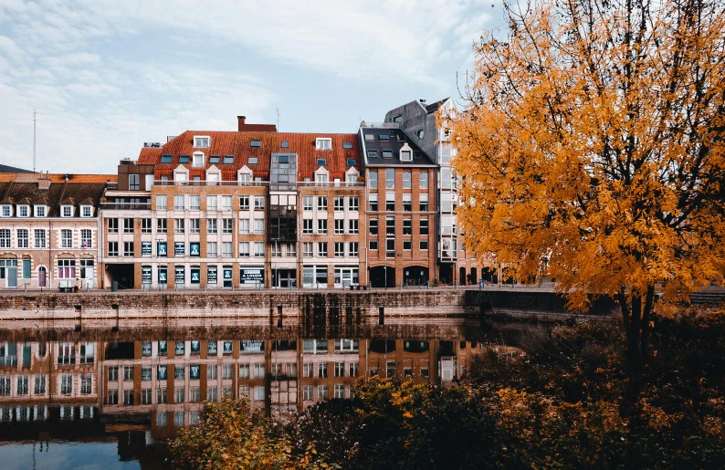 a river next to buildings and trees that are reflected in the water