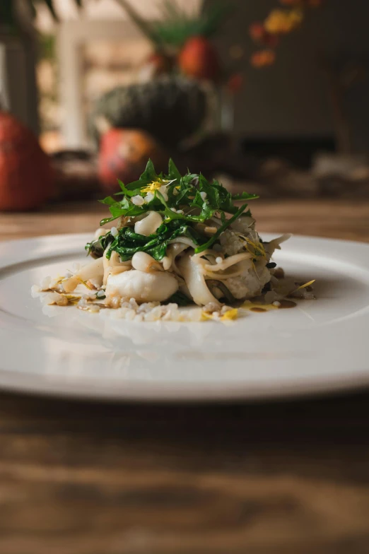 an up close po of a white plate with some food on it