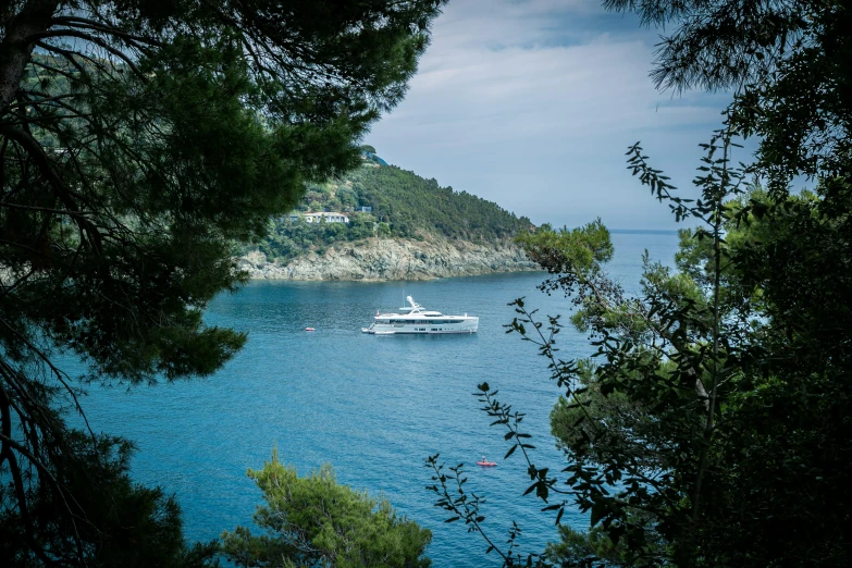 a white boat on water surrounded by trees