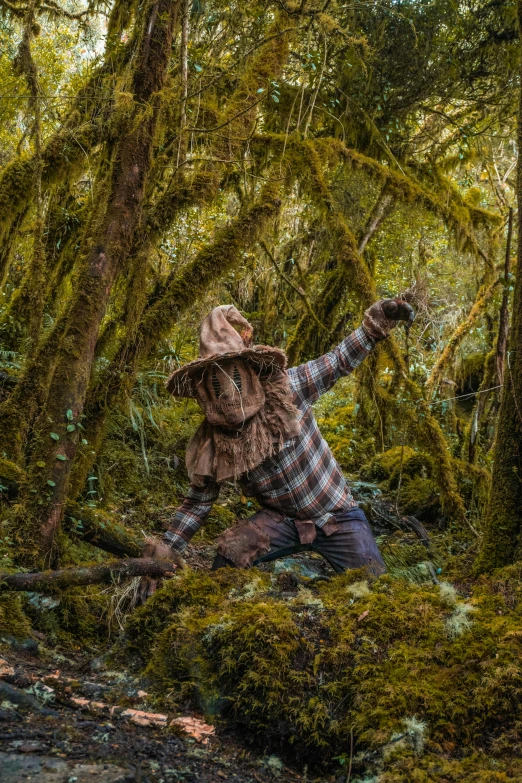 woman in the woods reaching up and reaching for a flying disc