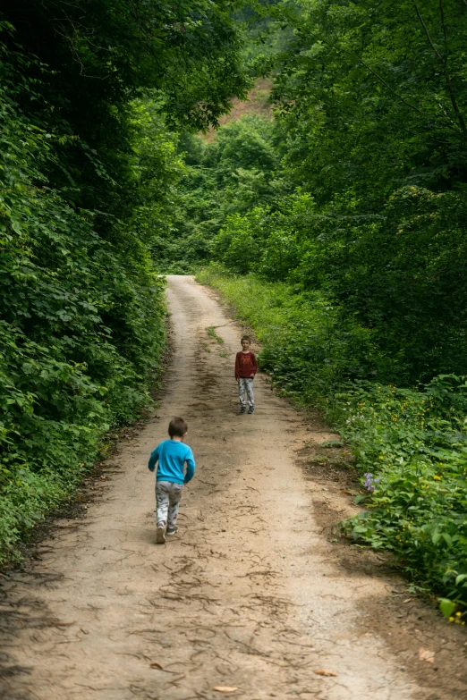 two people walking down a dirt path in the woods