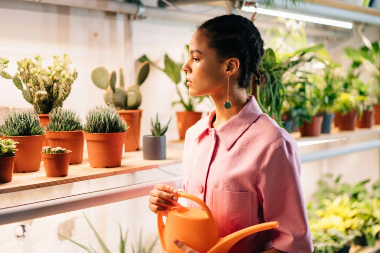 a woman wearing a pink blouse holding a watering can and plants