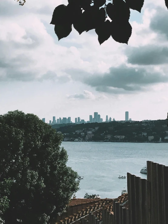 the view over a lake of a city from afar