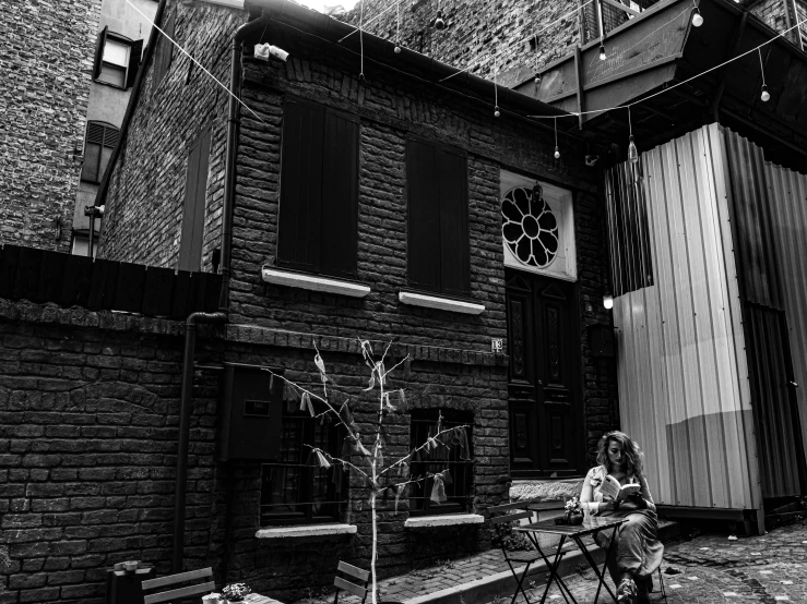 a person sitting on a bench in front of a building