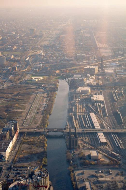 a city is shown from above looking down on the river