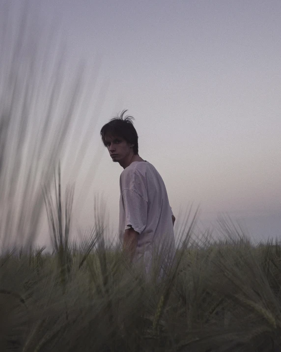 an image of a boy in a field at sunset