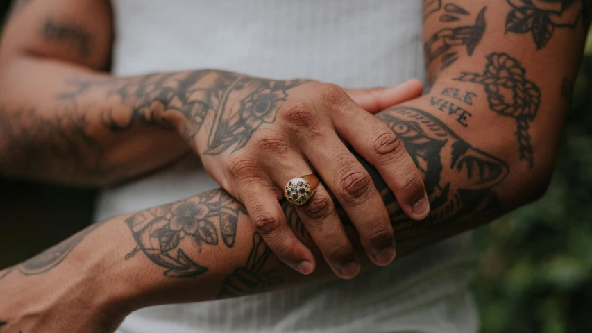 a tattooed man with many arms and tattoos