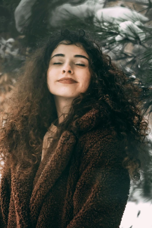 a close - up of a woman wearing a fur coat in the snow