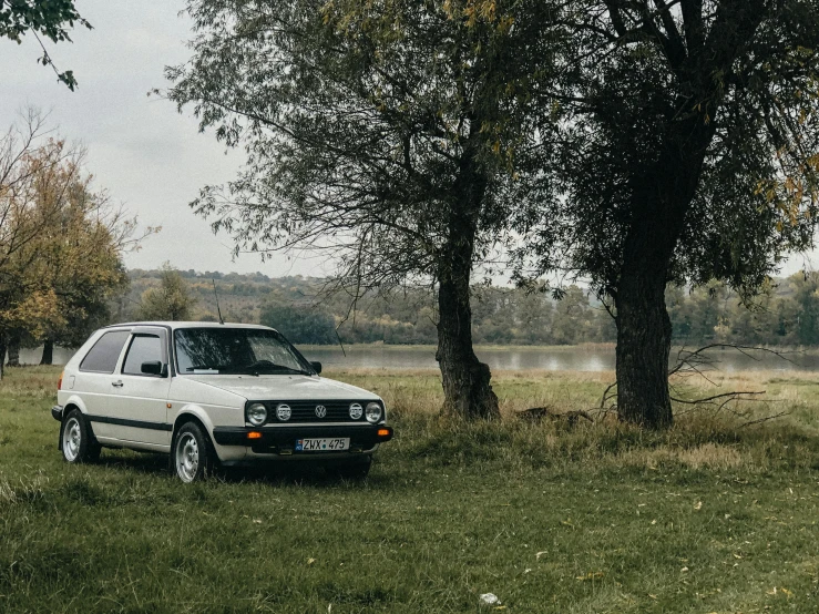 a small car parked in front of a tree