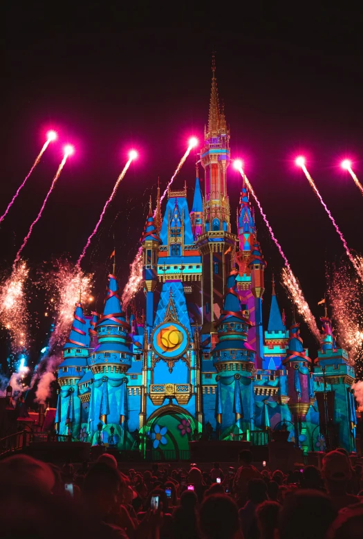 a lit up castle with fireworks in the air