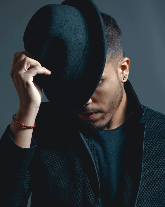 man in a suit and black hat holding his hand to his hat