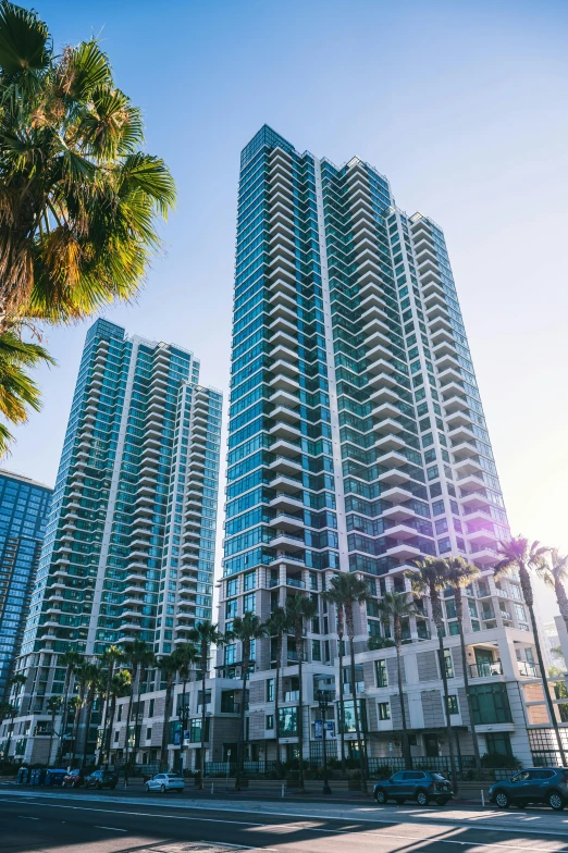 several very tall buildings next to each other